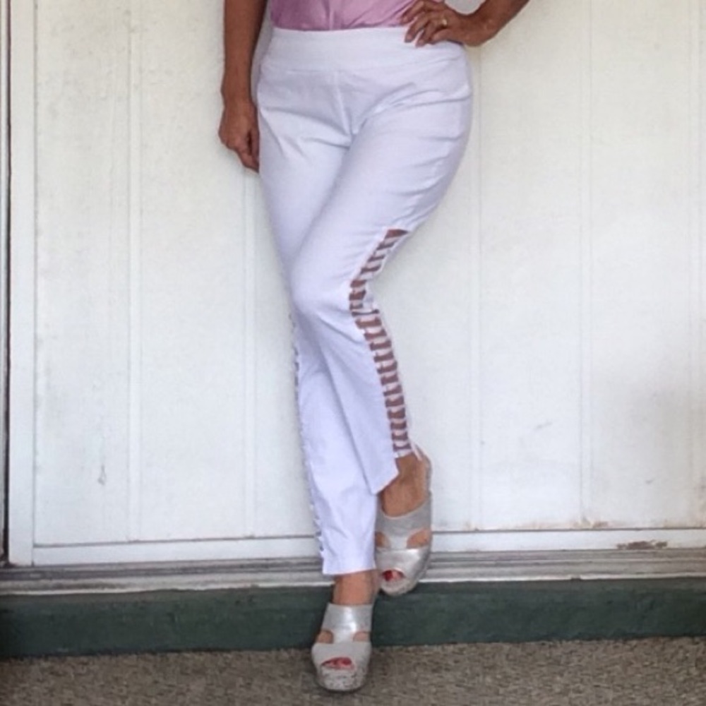 COCONUT ROW WHITE STRETCH LADDERBACK BLING PANTS SIZE 10
